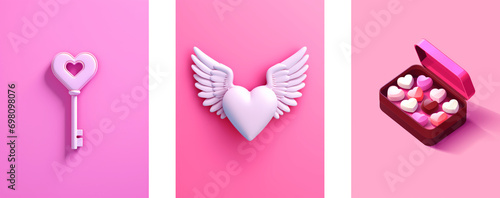 Happy valentine’s day posters on bright pink background color, 3d isometric style, greeting cards with heart-shaped key, heart with wings, box of chocolates photo