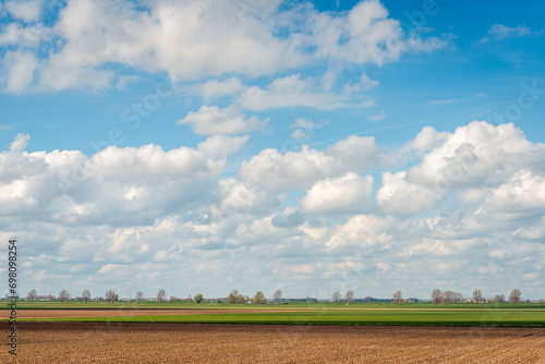 Landscape with white clouds in a blue sky above a newly plowed field. The photo was taken in the Netherlands at the beginning of the spring season.