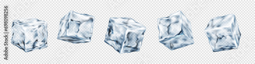 Cube ice crystals realistic vector illustration set. Cocktail cooling ingredients. Frozen liquid blocks 3d elements on transparent background