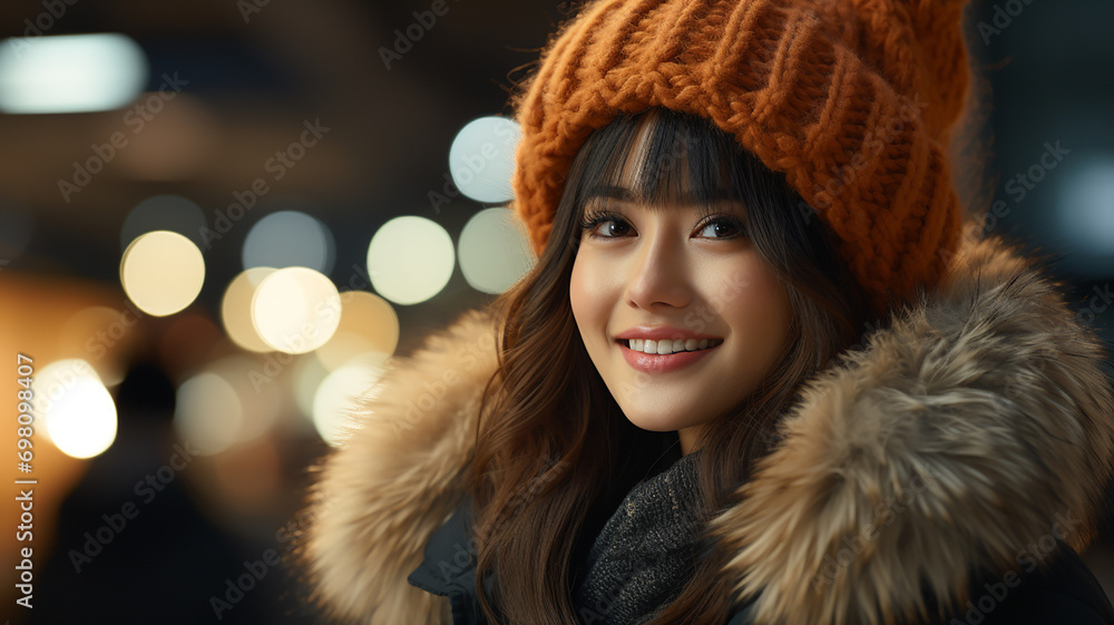 The joys of winter, the smiles of beautiful women shining in the urban atmosphere, bright young women enjoying the lights, fashionable hats and warm smiles, Generative AI The joys of winter, the smiles of beautiful women shining in the urban atmosphere, bright young women enjoying the lights, fashionable hats and warm smiles, Generative AI