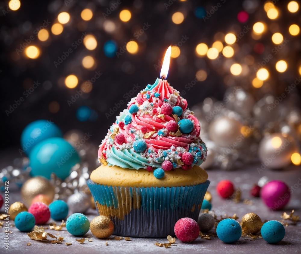 Birthday cupcake with a candle and colorful candies on the bokeh background