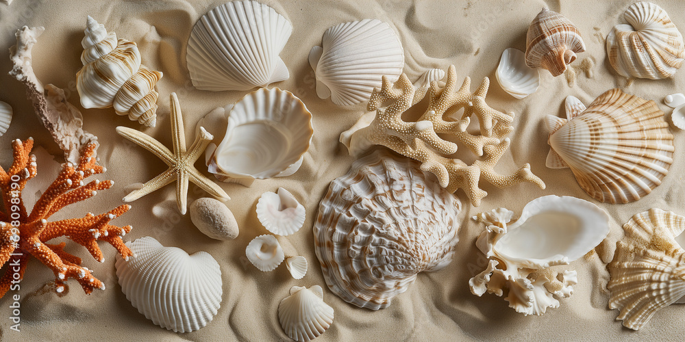 set of varied seashells and corals on a sand background set of varied seashells and corals on a sand background