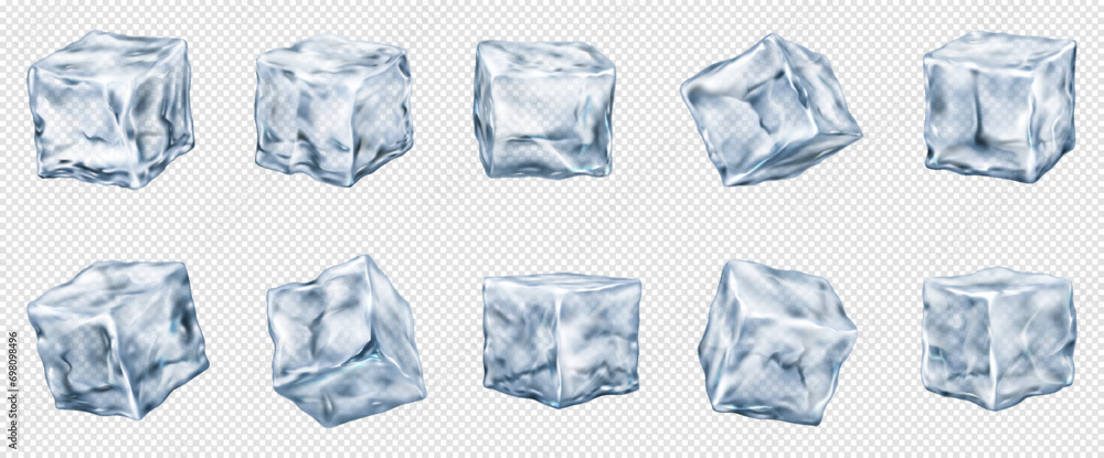 Clear ice cubes realistic vector illustration set. Refreshing drinks ingredients. Frozen water pieces 3d elements on transparent background Clear ice cubes realistic vector illustration set. Refreshing drinks ingredients. Frozen water pieces 3d elements on transparent background