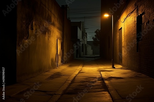 : A deserted alleyway at midnight, dimly lit by a single flickering streetlamp casting long shadows