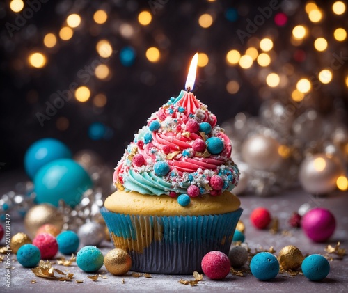 Birthday cupcake with a candle and colorful candies on the bokeh background