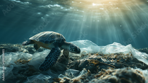 World turtle day and Ocean environmental day. Turtle with plastic in the water .Save sea plastic pollution.Climate change, Environmental CSR. copy space
