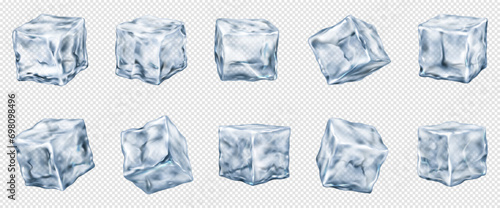 Clear ice cubes realistic vector illustration set. Refreshing drinks ingredients. Frozen water pieces 3d elements on transparent background