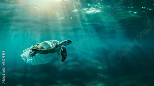 World turtle day and Ocean environmental day. Turtle with plastic in the water .Save sea plastic pollution.Climate change, Environmental CSR. copy space © ALL YOU NEED studio