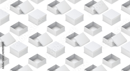 Carton boxes isometric illustration pattern on white background. Packaging containers realistic 3d models design elements. Promo items