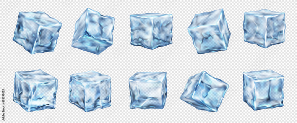 Obraz premium Blue ice blocks realistic vector illustration set. Cocktail drinks cool ingredients. Frozen water 3d elements on transparent background