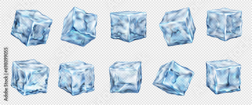 Blue ice blocks realistic vector illustration set. Cocktail drinks cool ingredients. Frozen water 3d elements on transparent background