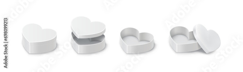 Heart shaped gift boxes realistic vector illustration set. Packaging surprise for Saint Valentine day 3d elements on white background