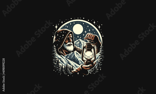 old man hold lantern on forest vector artwork design