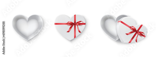 Romantic gift boxes with thin red ribbons realistic vector illustration set. Heart shaped present containers with bows 3d elements on white