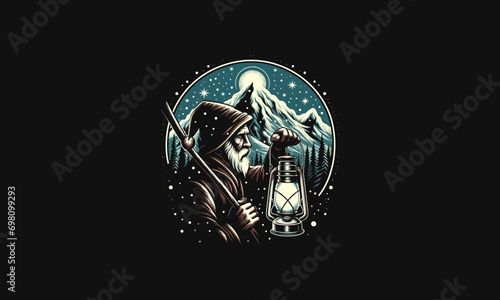 old man hold lantern on forest vector artwork design