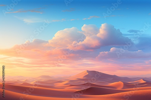 : A surreal desert landscape, with sand dunes under a sky painted with hues of the setting sun © crescent