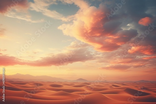 : A surreal desert landscape, with sand dunes under a sky painted with hues of the setting sun