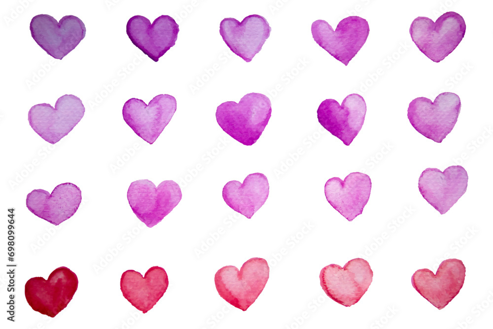 Set of watercolor hand drawn purple and red hearts isolated on white background. Heart watercolor for a Valentine's Day card or a romantic postcard.