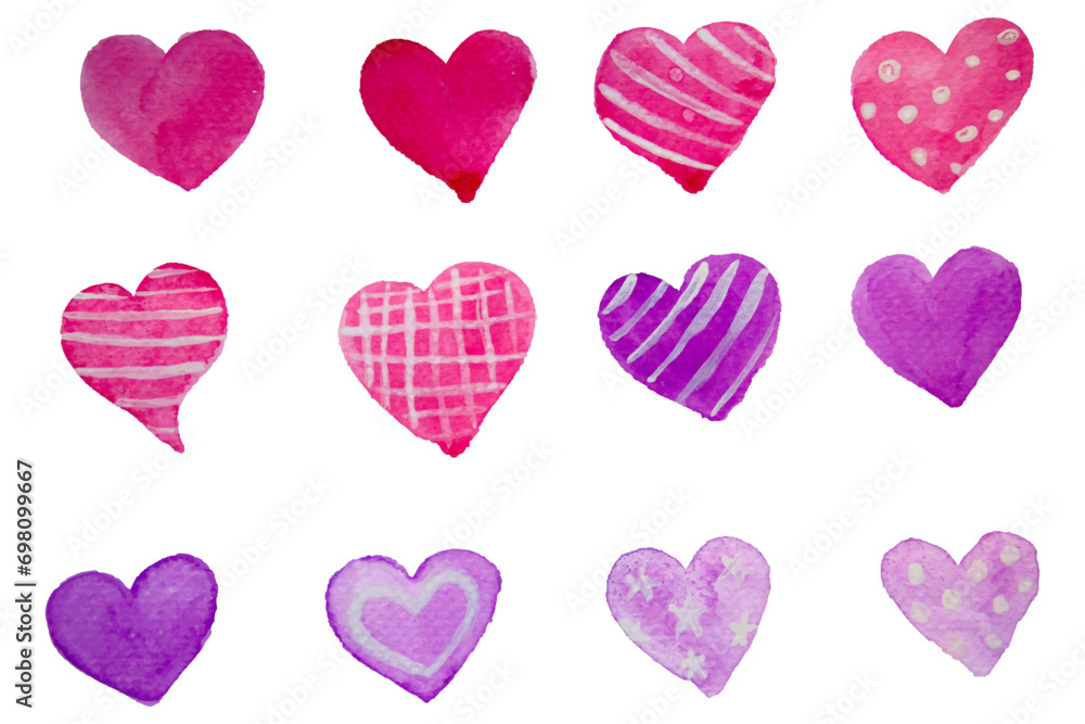 Set of watercolor hand drawn red and purple hearts isolated on white background. Heart watercolor for a Valentine's Day card or a romantic postcard.
