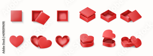 Red gift boxes realistic vector illustration set. Colorful present containers of square and heart shapes 3d elements on white background