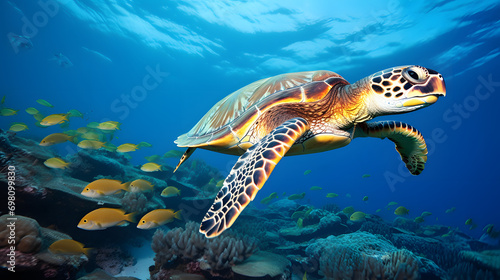 closeup view of a green sea turtle swimming under the ocean
