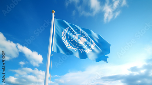a beautiful light blue United Nations flag flying on a white flagpole against a clear blue sky with small white clouds