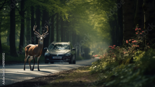 a beautiful young deer with big horns crosses an asphalt road in front of a passing car through a green forest © MYKHAILO KUSHEI