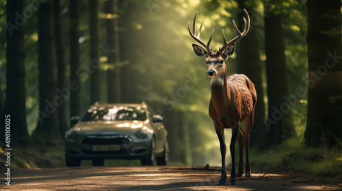 a beautiful young deer with big horns crosses an asphalt road in front of a passing car through a green forest