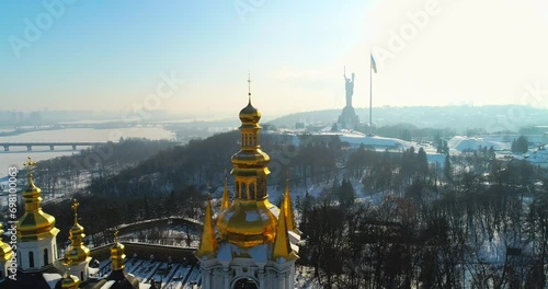 4K Aerial Video of the Mother Motherland Monument and Kiev Pechersk Lavra in Kiev, Captured in the Beauty of Winter photo