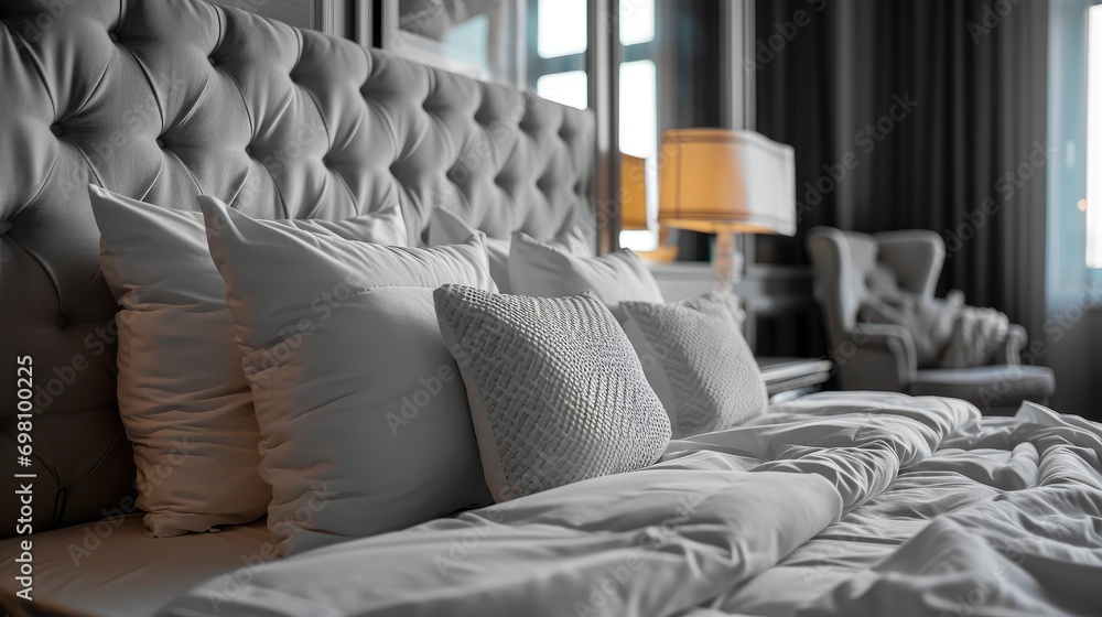 Fototapeta premium Bedroom interior design details. Comfortable bed with soft white pillows and bedding in bed