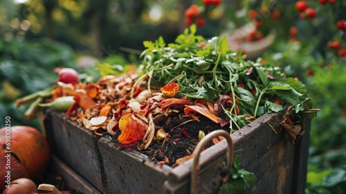 Compost container with mix vegetables and fruits peels and scraps. Outdoor compost bin for reducing kitchen waste. Organic waste in garden composter. Eco friendly gardening, sustainability, ecology  photo