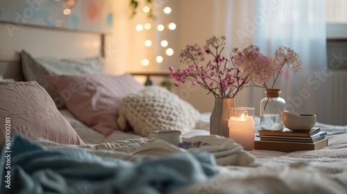Cozy bedroom interior. Night table with books and decorations near sleeping bed with white and pastel colors bedding