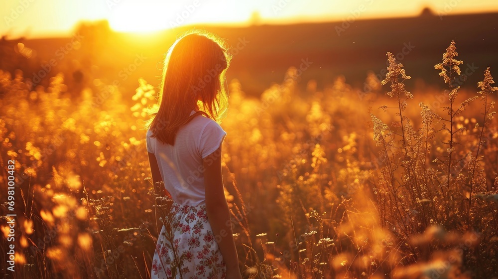 Young girl wearing white blank t-shirt in the field on sunset Young girl wearing white blank t-shirt in the field on sunset