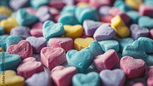 some candy hearts in multicolored pastel shape, in the style of texture-rich surfaces, velvia, kidcore, dusty piles, heistcore