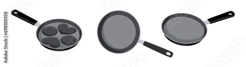 Frying pans color vector icon set. Cooking utensils for food roasting illustrations pack isolated on white background. Kitchenware items