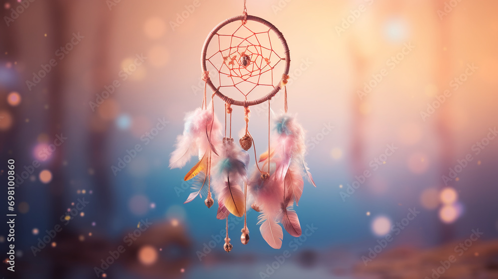 a beautiful dream catcher with multi-colored feathers on a soft pink blurred background that conveys tenderness and calmness - obrazy, fototapety, plakaty 