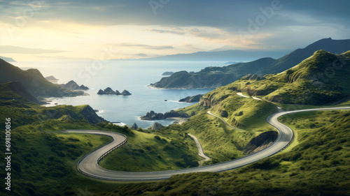 Coastal road winding through a scenic landscape with mountains, ocean, and clear skies at dawn. photo