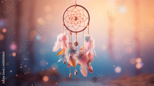 a beautiful dream catcher with multi-colored feathers on a soft pink blurred background that conveys tenderness and calmness