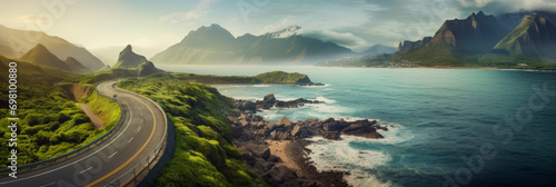 Coastal road winding through a scenic landscape with mountains, ocean, and clear skies at dawn. photo