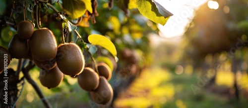 Fresh kiwi fruits hanging on trees in an Italian orchard. photo