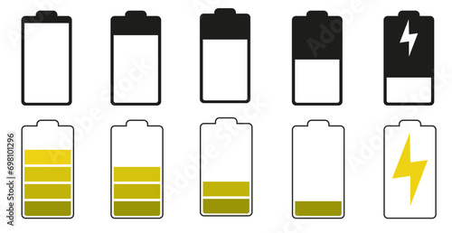 Battery charge indicator icon set. The battery is charging. Vector illustration.