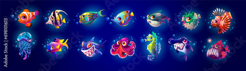 Tropical sea fishes and creatures color vector icon big set. Underwater fauna representants illustrations pack on dark blue background