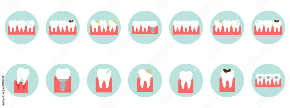 Dental problem. Information about dental care. Vector flat icons set