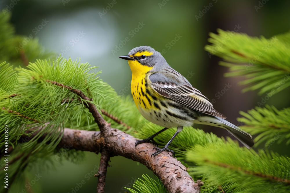 A Kirtland's Warbler perching on a branch in the coniferous forests of Michigan