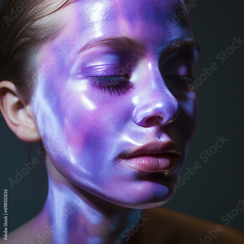 Close-up portrait of beautiful young woman with purple paint on her face. AI.