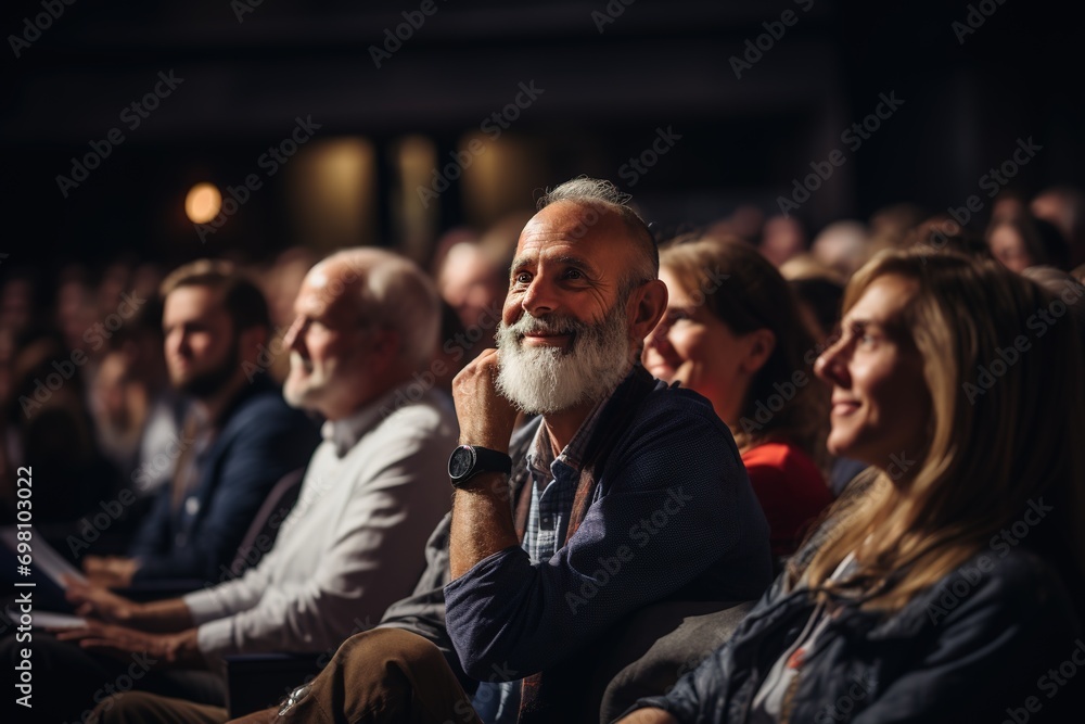 Smiling grey haired elderly man in a group of diverse people sitting in a lecture hall