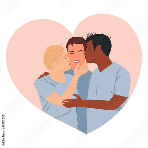 Polyamory gay couple. Happy Valentines Day. Boyfriends kissing their lover