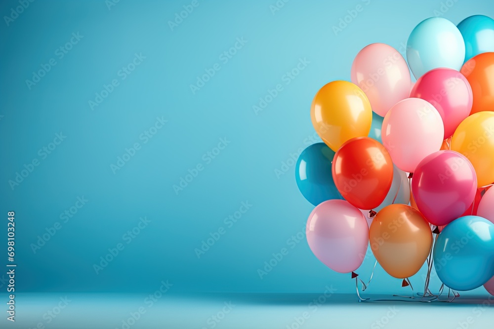 A bunch of balloons of different colors against the blue studio background with copy space A bunch of balloons of different colors against the blue studio background with copy space