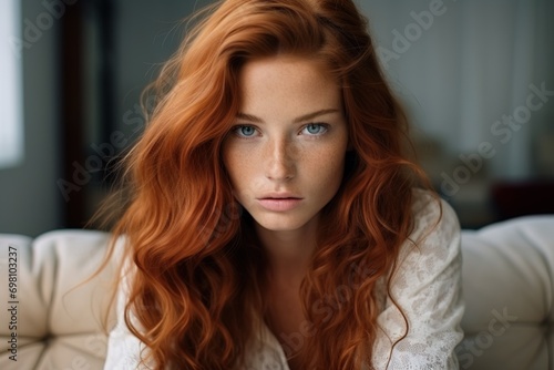 Portrait of a young charming red hair blue eye woman sitting on a white sofa in the room photo