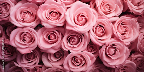 Pink natural roses beautiful background for wedding or Valentine day. Top down view. greeting cards and invitations pink flower AI Generative.